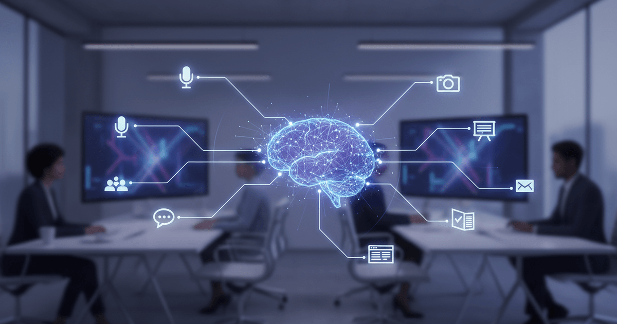 digital workspace showing AI content creation tools generating diverse business communications beyond blog posts