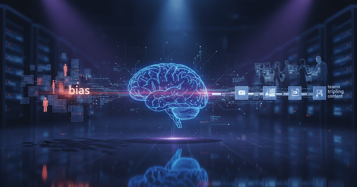 Abstract digital illustration showing challenges and ethical dilemmas in what is AI content creation with human and AI elements