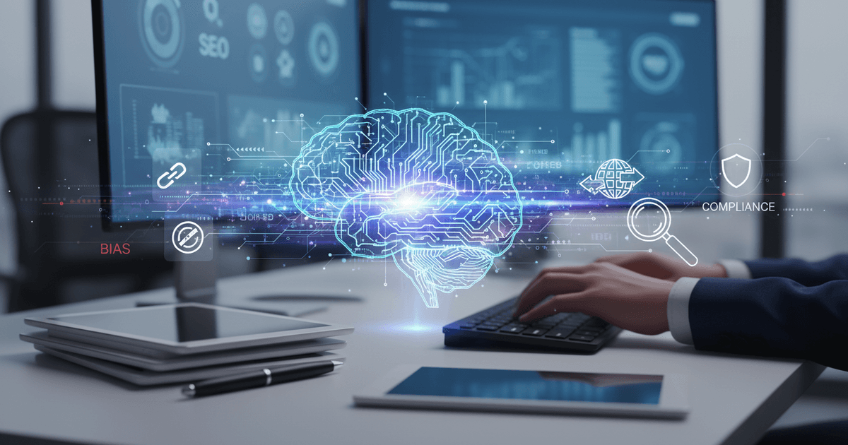 abstract digital brain balanced with ethical symbols representing challenges and considerations in why use AI for content creation