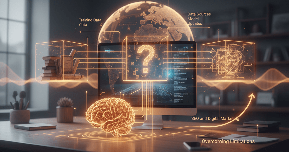 Digital illustration of AI content generation with data flows, algorithms, and language model elements symbolizing overcoming AI content limitations