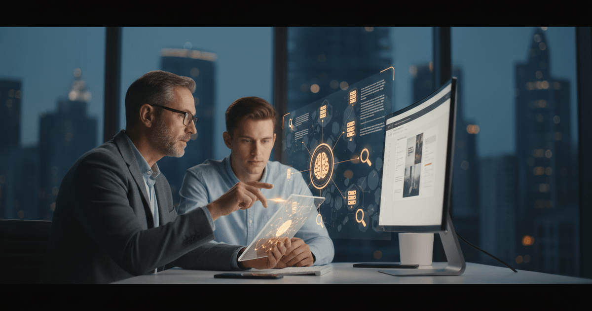 professional collaborating with AI interface to enhance content quality, illustrating overcoming AI content limitations