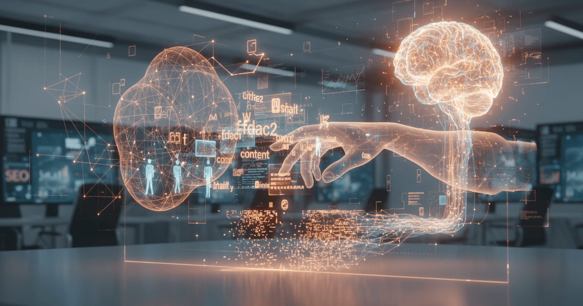 futuristic digital interface depicting AI content generation with abstract data streams symbolizing overcoming AI content limitations