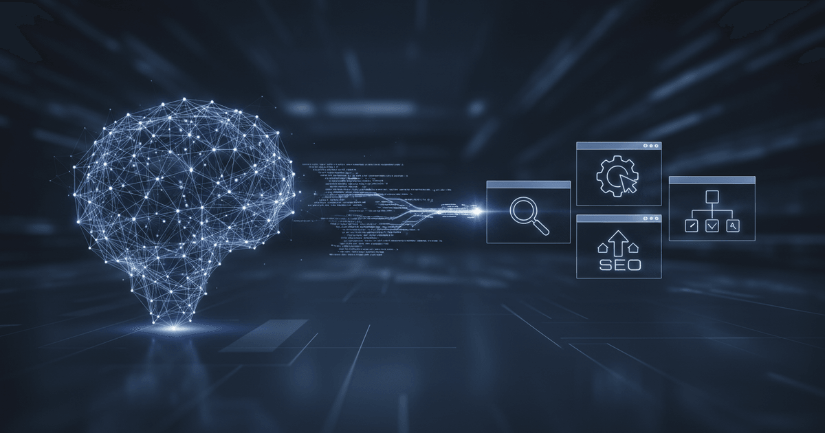 abstract digital interface highlighting AI for SEO content with data charts and algorithmic icons