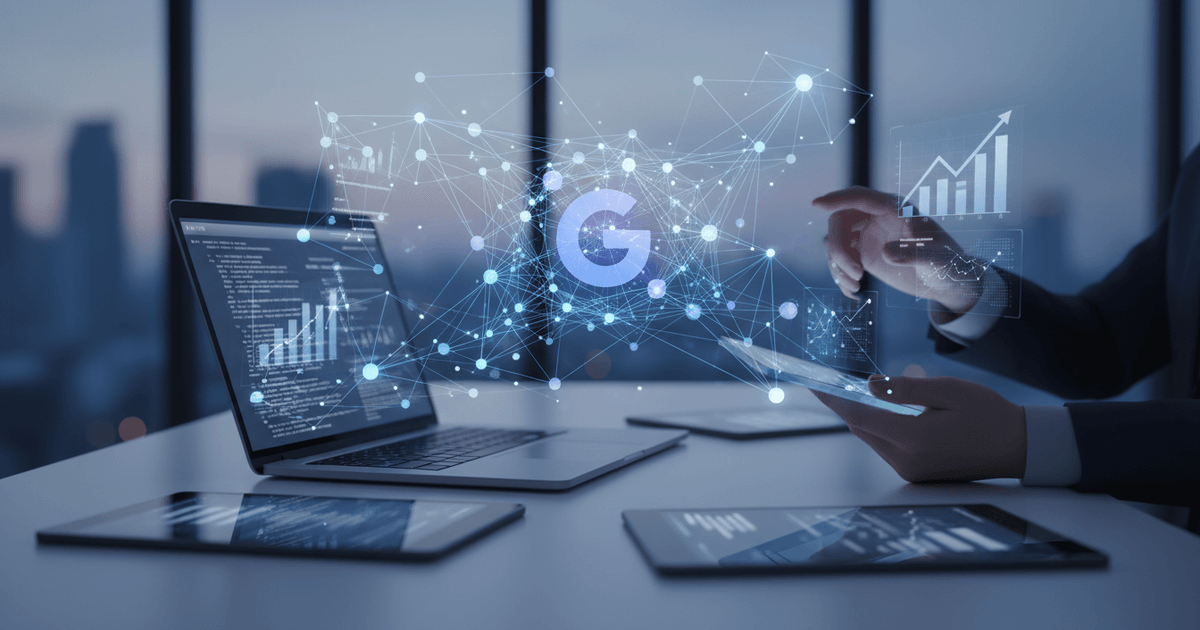 Abstract digital interface displaying AI for SEO content analytics and compliance strategies with futuristic data overlays