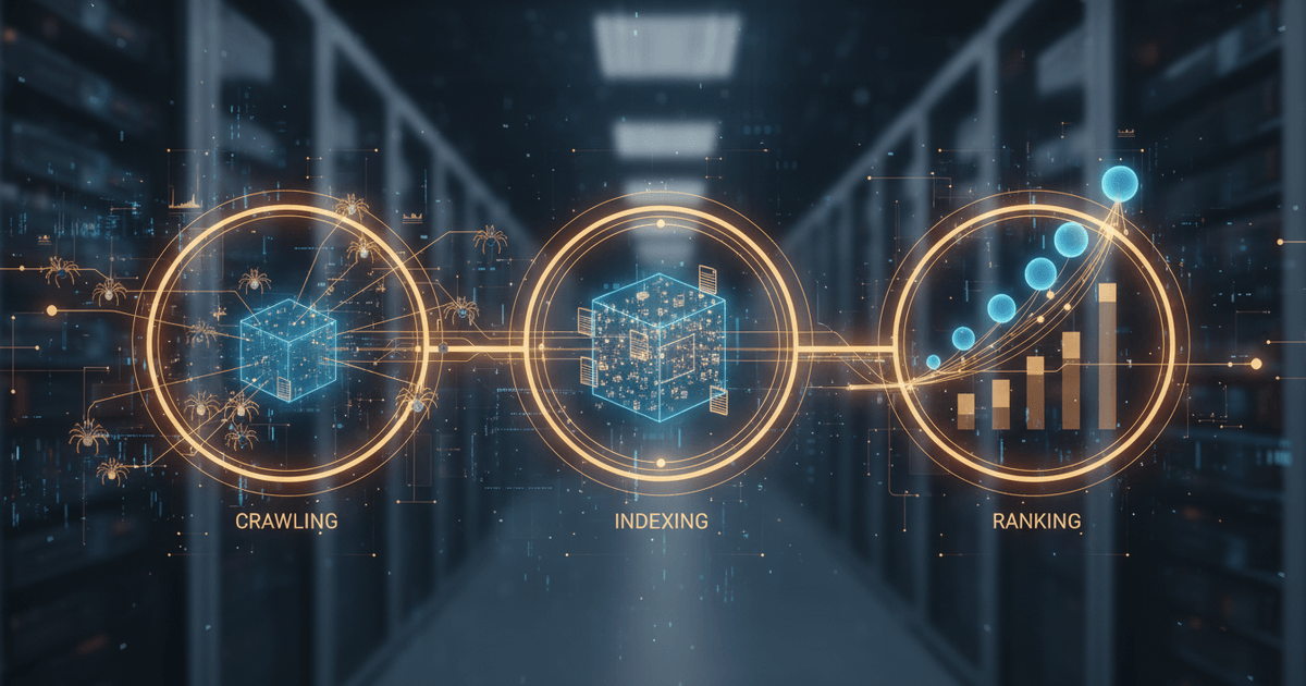 Conceptual illustration of a web crawler navigating the internet to index SEO optimized articles for ranking