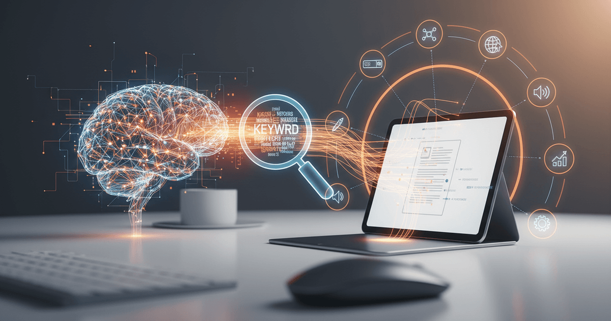 digital workspace displaying AI tools generating SEO optimized articles with keyword research data