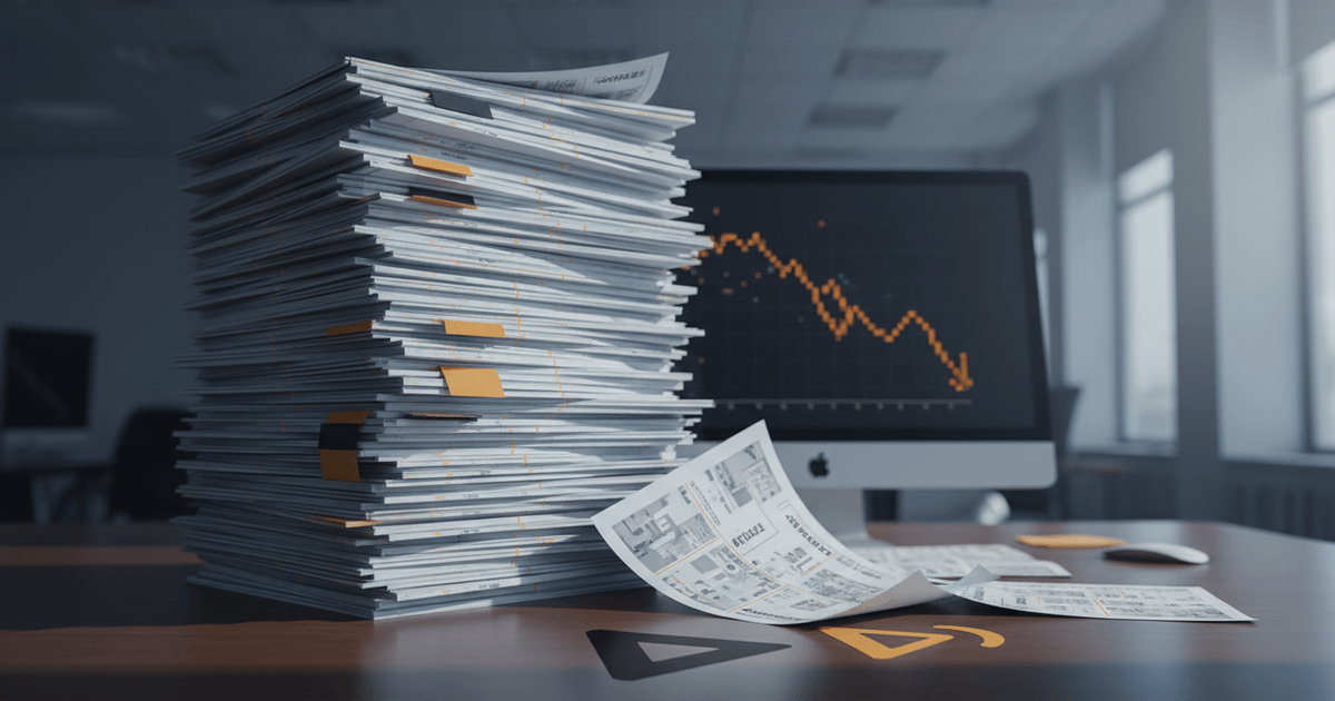 overwhelmed person surrounded by numerous AI-generated articles symbolizing excessive AI content generation for SEO
