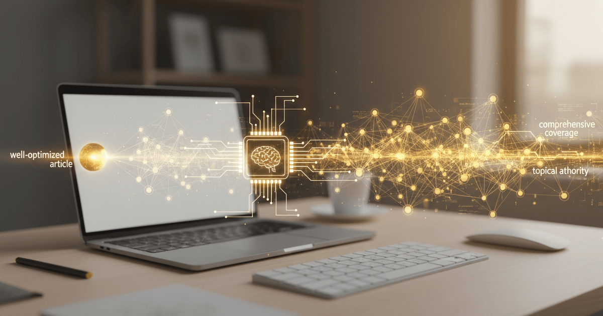 digital workspace with AI-powered tools analyzing SEO content strategy on multiple screens