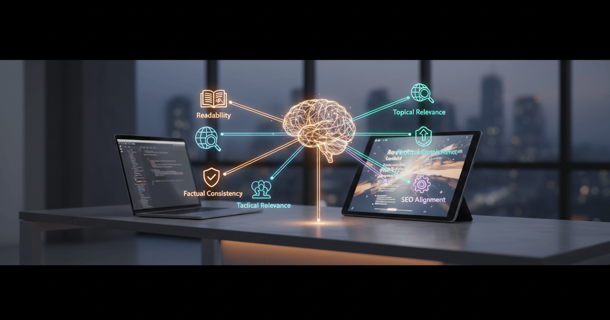 abstract digital interface showing AI tools for content quality improvement analyzing text with icons for readability, relevance, facts, and SEO