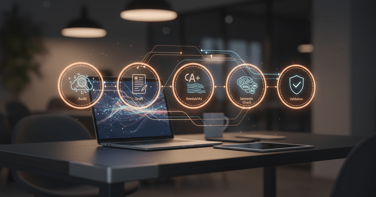 workflow diagram illustrating five steps using AI tools for content quality improvement including audit, drafting, readability, and optimization