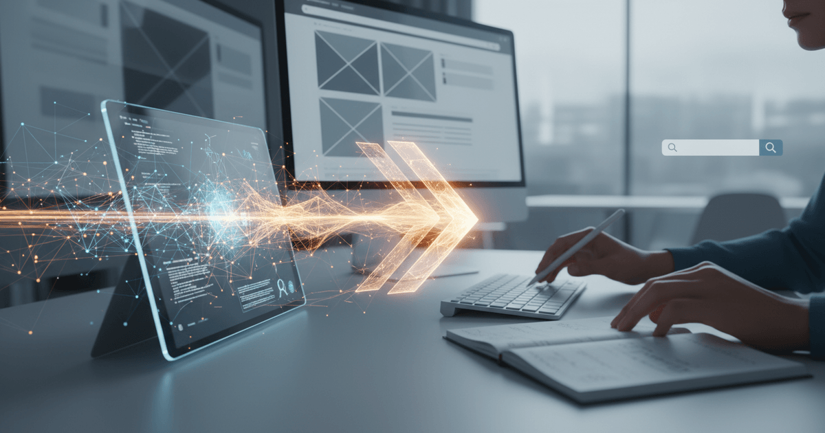 AI and human figures collaboratively working on digital content with content automation tools interface