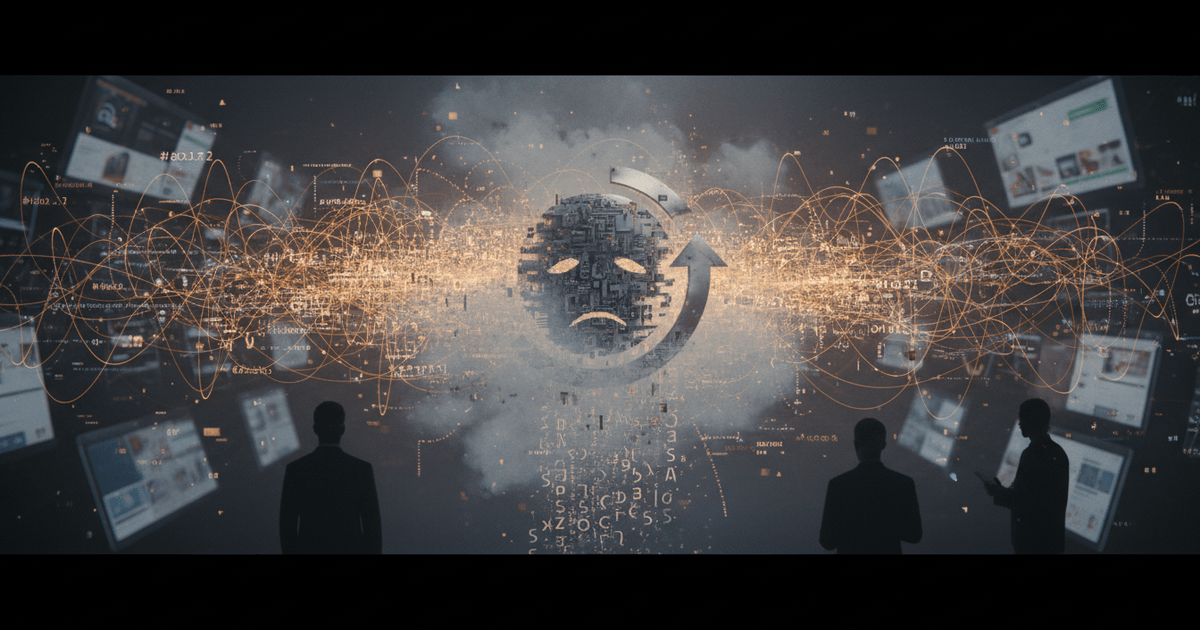 abstract digital illustration of automated content creation tools with interconnected nodes representing risks like hallucinations and quality dilution