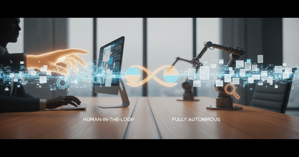Illustration comparing human-in-the-loop and fully autonomous automated content creation tools workflows