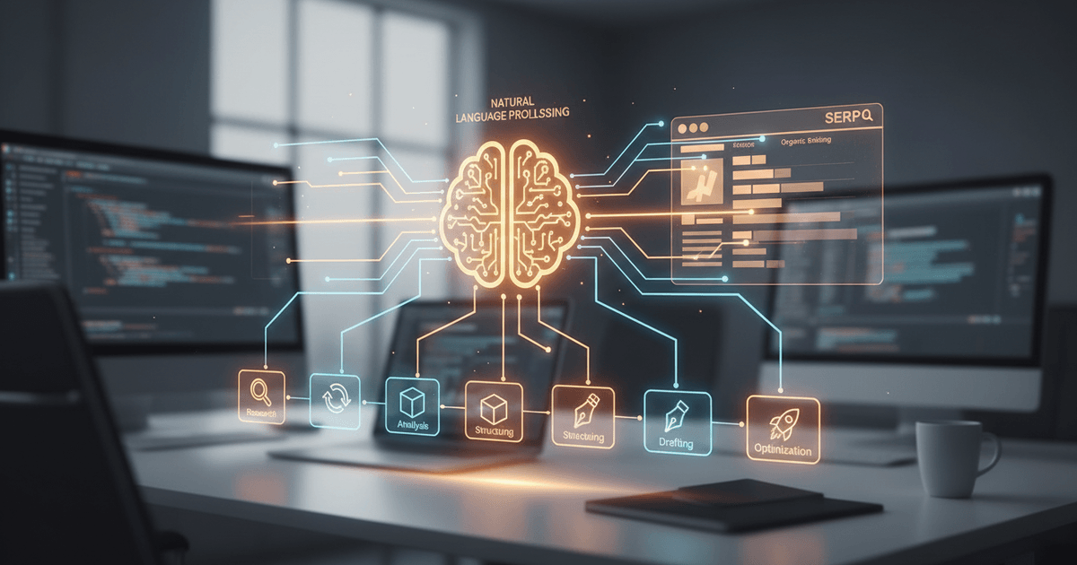 abstract digital interface illustrating SEO article generation software analyzing data and structuring content automatically