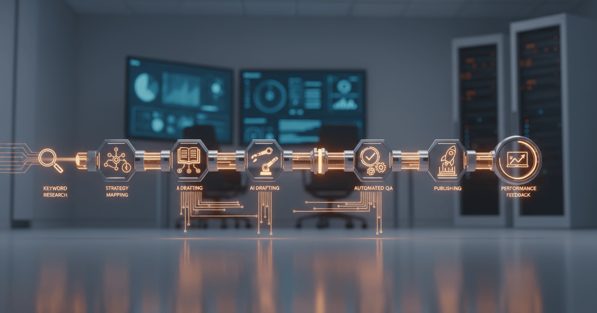 futuristic digital interface illustrating automate content marketing 2026 pipeline with six interconnected stages and AI elements