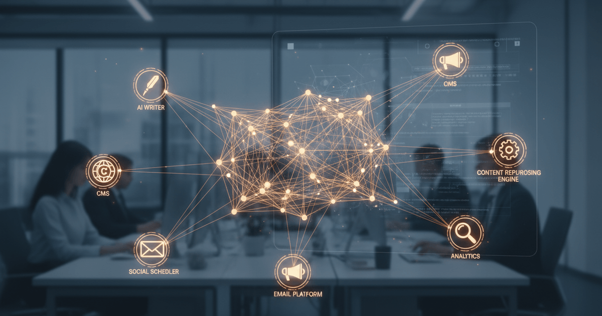 abstract digital network connecting AI tools with marketing platforms symbolizing automate content marketing 2026