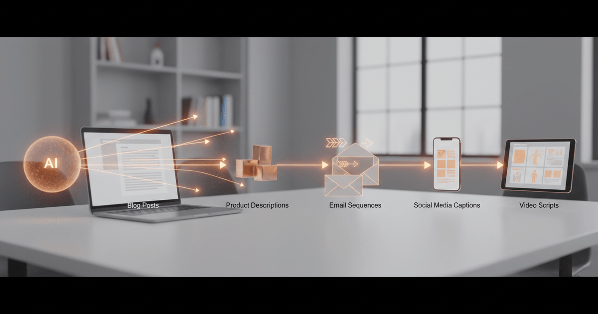 colorful digital interface displaying various AI content tools for blog posts, emails, social media, and video scripts illustrating best AI content tools 2026