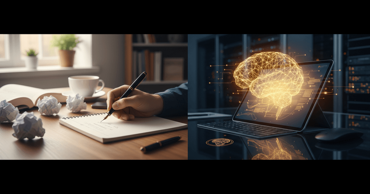 Futuristic AI writing interface generating multilingual article drafts rapidly, illustrating AI vs human content writing