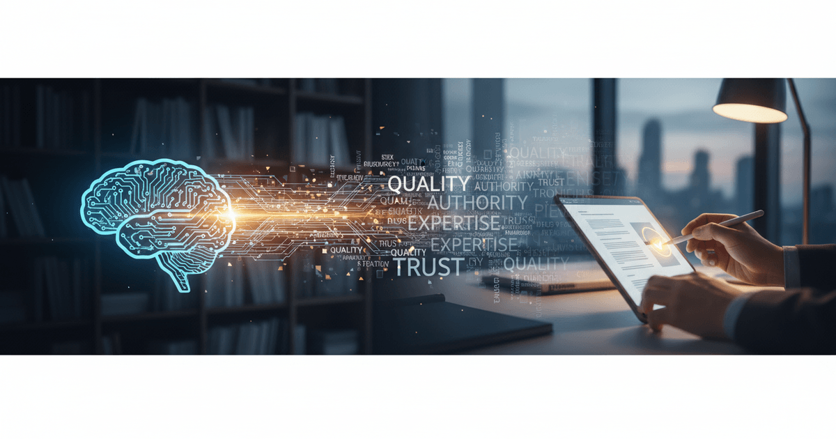 a digital illustration showing AI and human collaboration in content writing with SEO elements and speed indicators