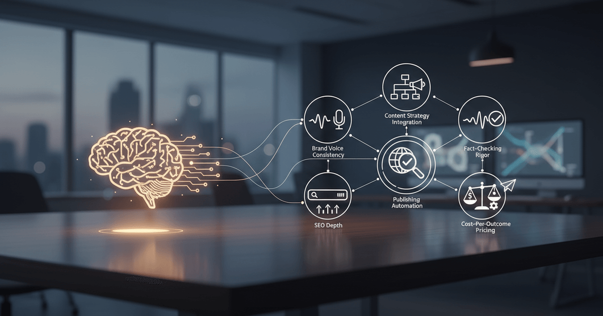 abstract illustration of AI writing services evaluation with icons representing strategy, voice, fact-checking, SEO, automation, and pricing