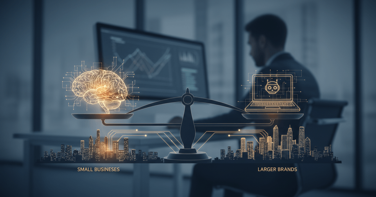 Small business owner using AI writing services on laptop to create competitive SEO content