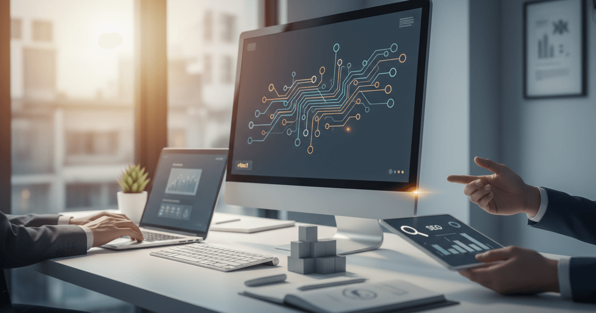 business professional comparing AI writing services on a laptop with charts and data on screen