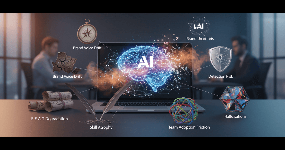 abstract digital brain surrounded by floating icons representing challenges of AI content creation in 2025