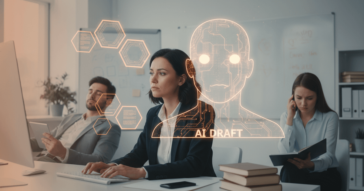 team members struggling with content creation surrounded by AI-generated drafts highlighting challenges of AI content creation
