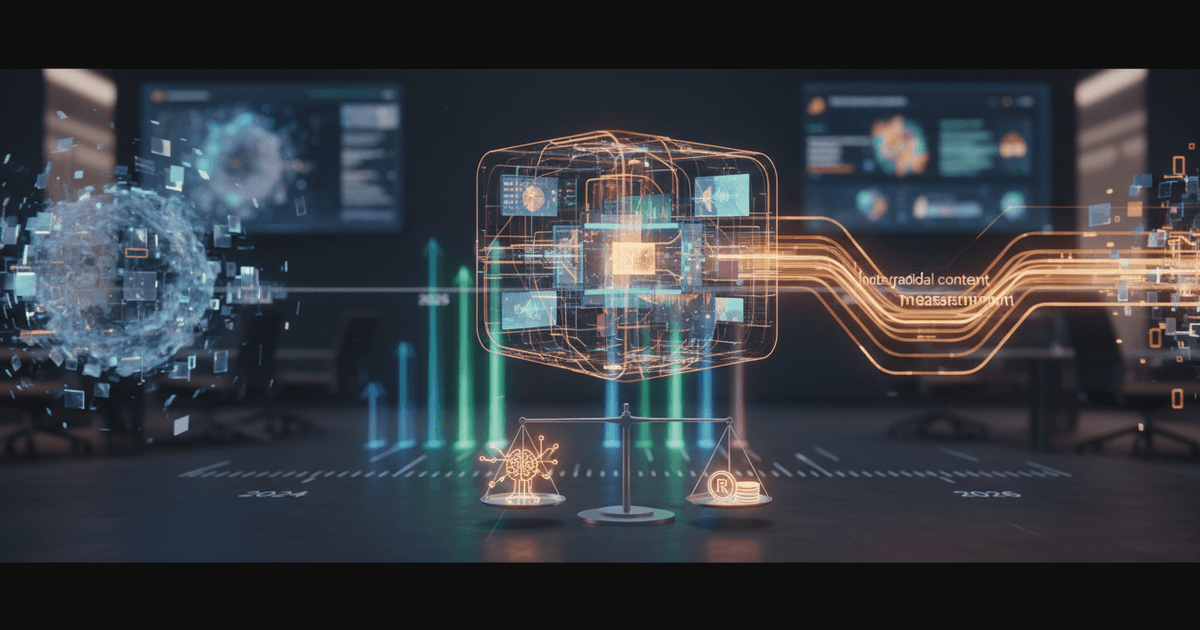 abstract digital timeline comparing AI in digital content trends 2026 with previous years showing evolution and integration