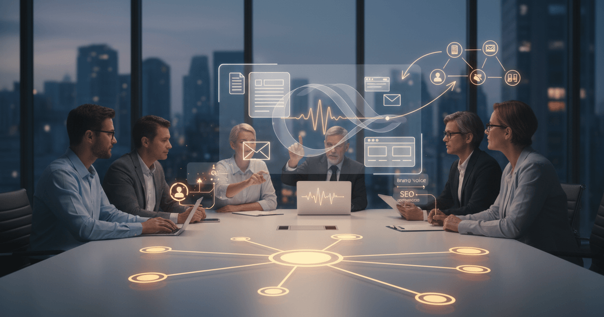 AI writing software for businesses displaying content drafting, brand voice settings, SEO tools, collaboration features, and multi-channel publishing interface
