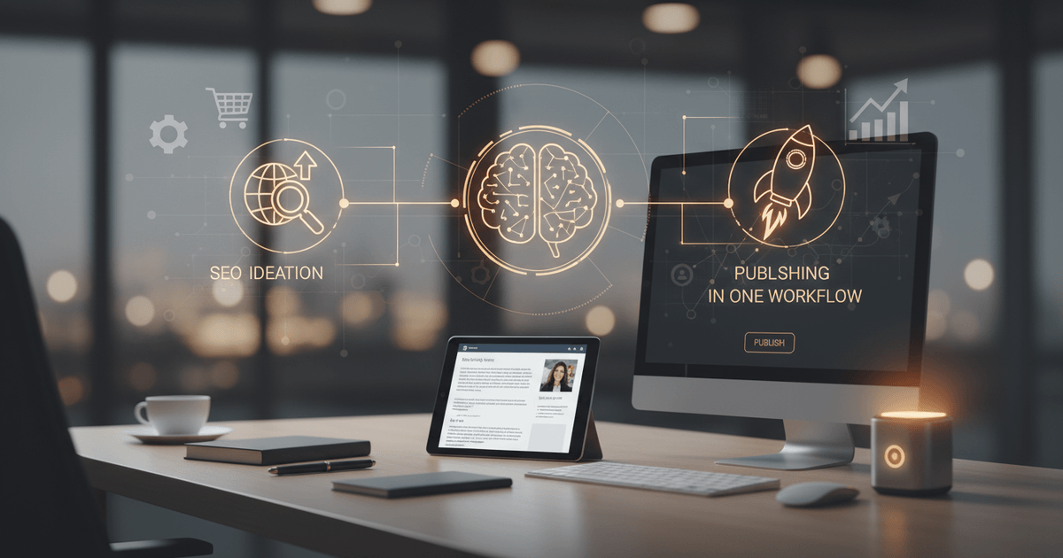 AI content solution for small businesses showing integrated workflow of ideation, drafting, SEO, and publishing on a laptop screen