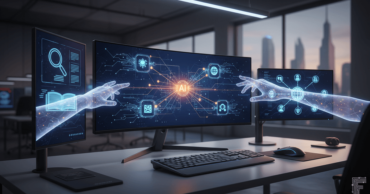 top AI content creators 2026 collaborating with multiple AI tools on laptops in a modern workspace