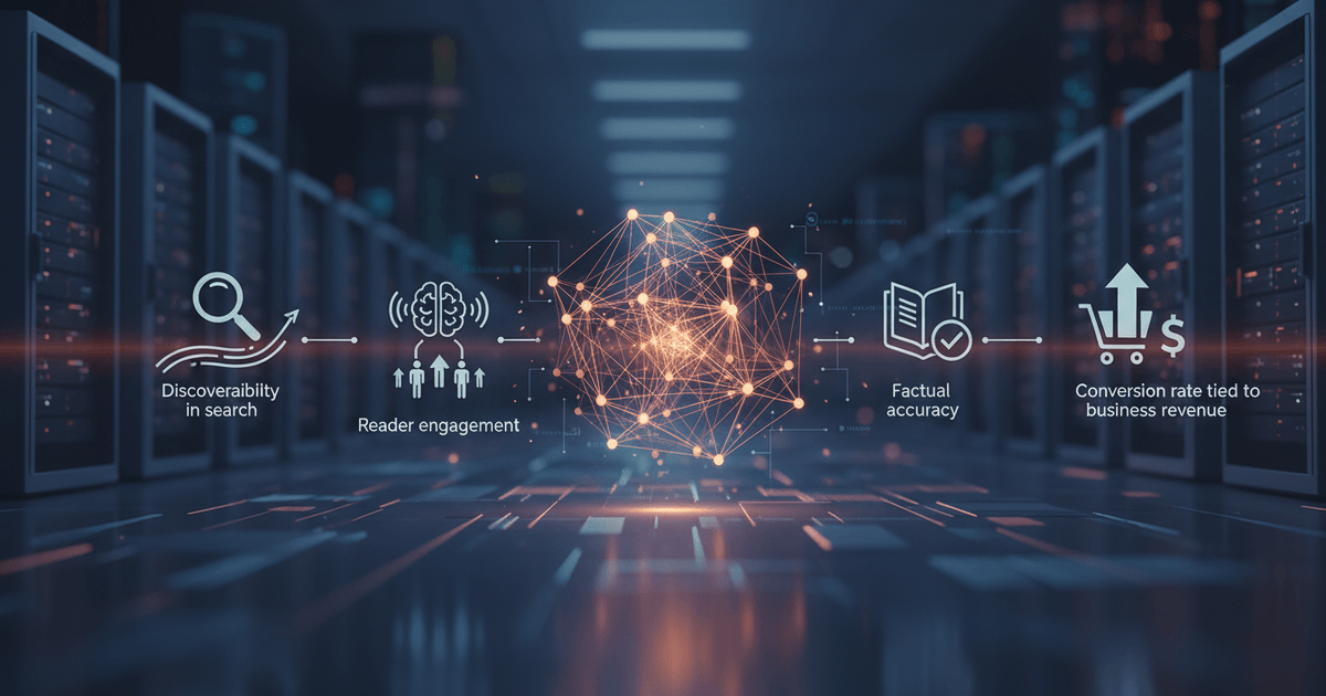 abstract digital interface showing AI content analysis with KPIs like engagement and accuracy for is AI-generated content effective