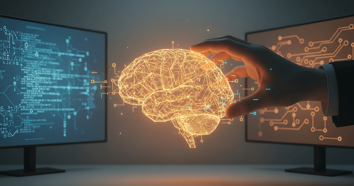 abstract digital illustration showing a robot hand and human hand collaboratively writing content on a glowing tablet, highlighting is AI-generated content effective