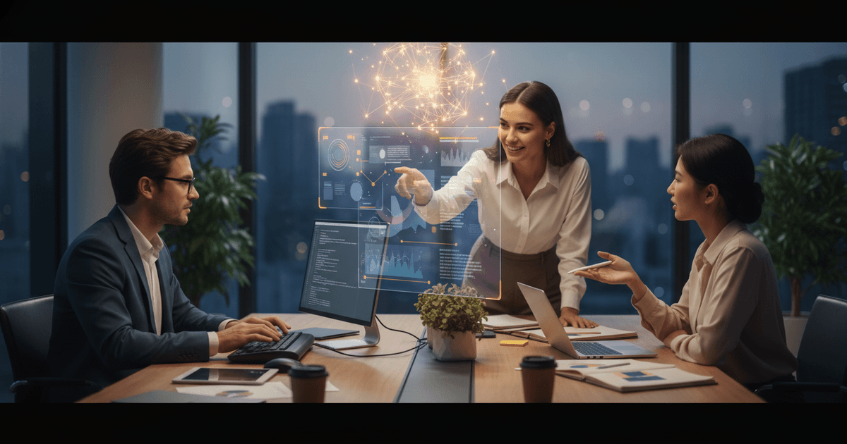 Three-person content team collaborating with AI tools on laptops illustrating hybrid human and AI workflow effectiveness