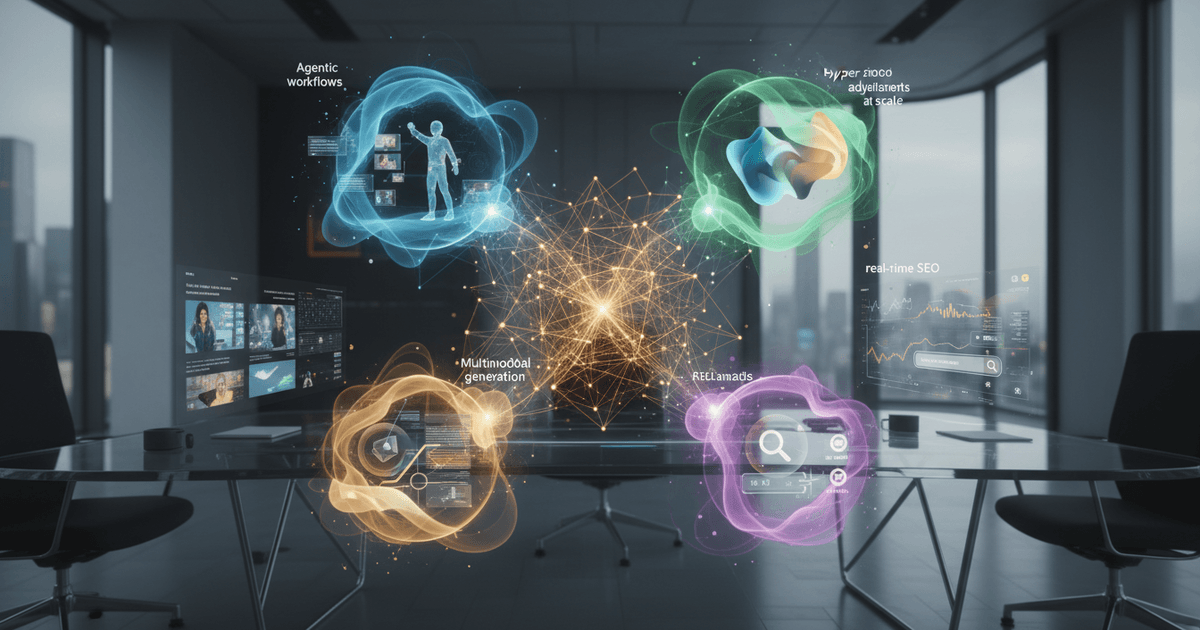 Futuristic digital interface showcasing AI content tools with icons representing agentic workflows, multimodal generation, and real-time SEO for future of AI content tools 2026