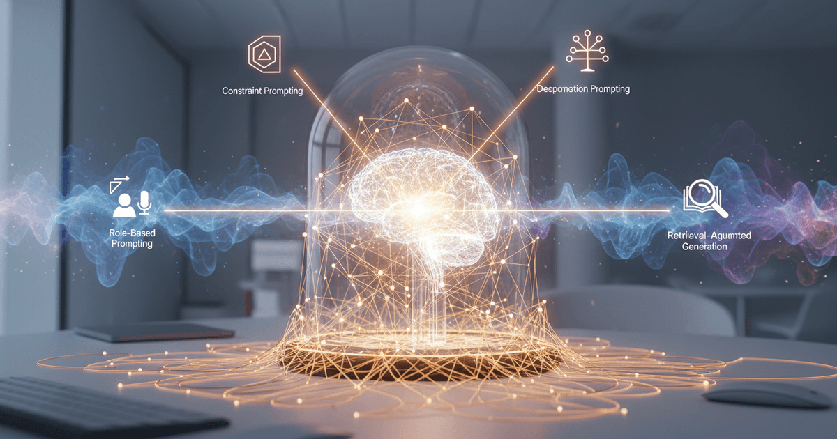 Abstract digital brain with interconnected nodes symbolizing solving AI content accuracy issues through strategic prompt engineering