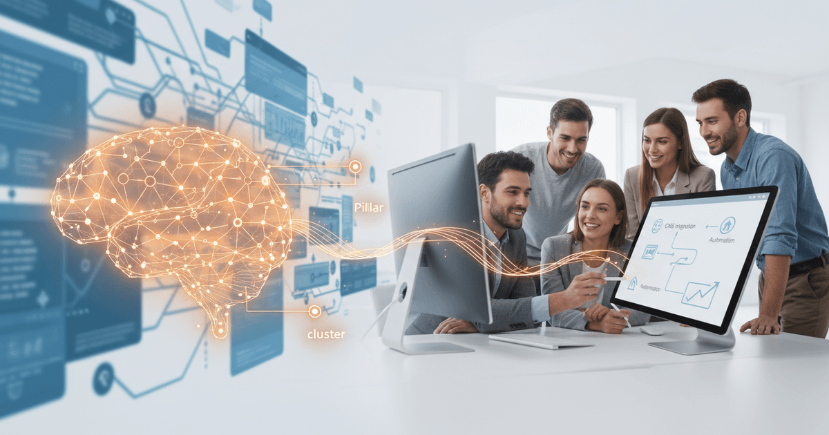 team collaborating around a laptop displaying automated pillar-cluster architecture for Outrank vs Wyrote AI Content comparison
