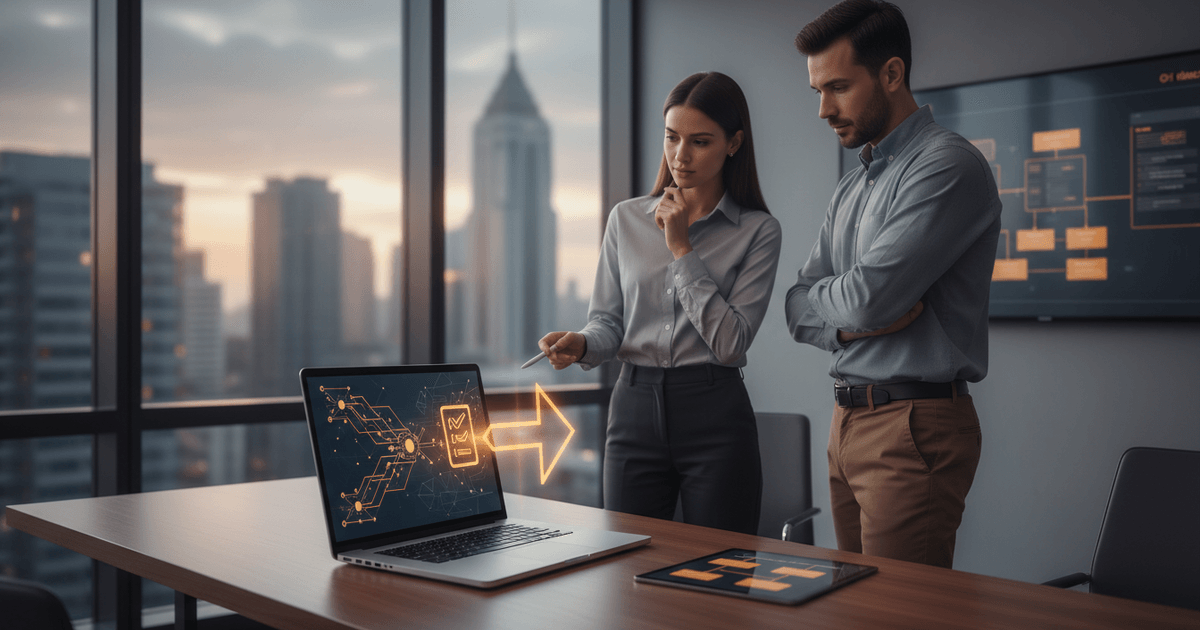 SaaS team evaluating AI content generation for SaaS on multiple digital devices with checklists and data charts