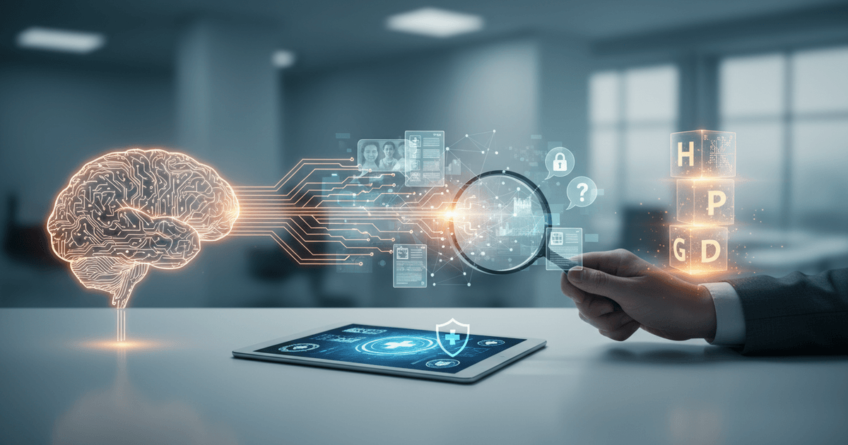 Conceptual AI content for healthcare with ethical symbols, privacy icons, and data regulation visuals