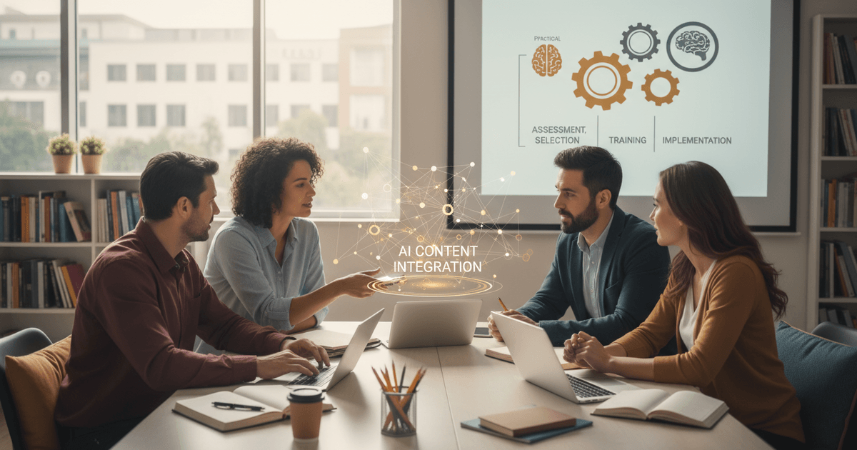 Teacher using laptop to explore AI content generation in education with digital educational icons around