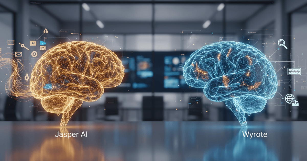 digital interface showing Jasper AI vs Wyrote comparison with marketing and SEO content tools