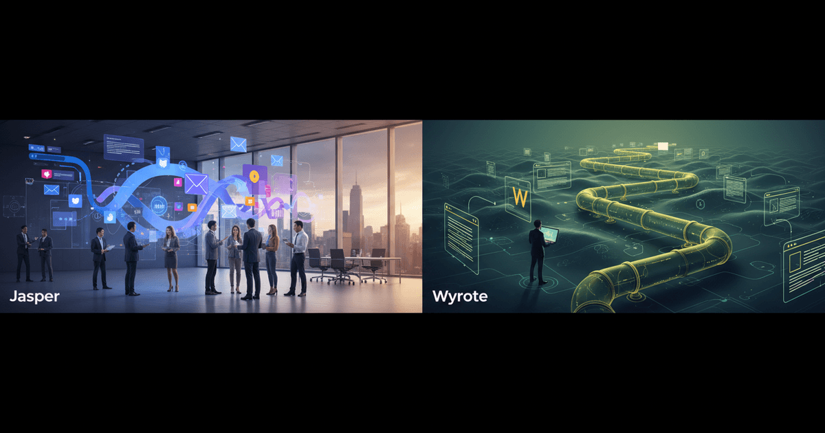 two business teams collaborating with digital marketing and SEO strategy visuals representing Jasper AI vs Wyrote comparison