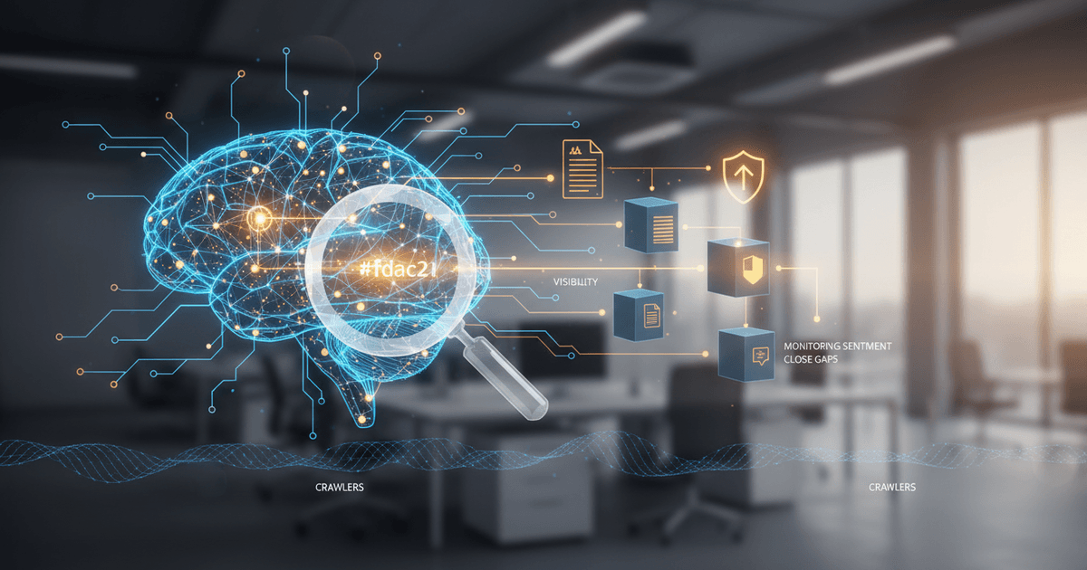 Abstract digital network with glowing nodes and connections representing AI visibility optimization process
