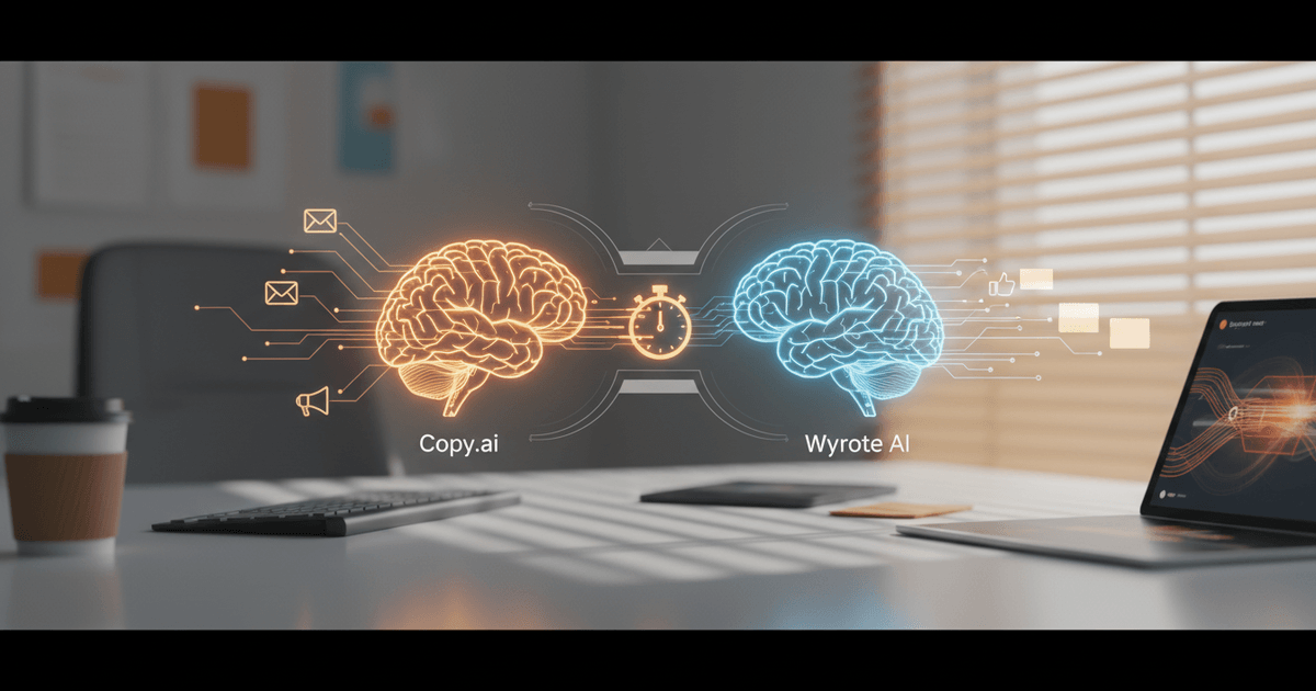 digital workspace showing Copy.ai and Wyrote AI content generation tools side by side on computer screens
