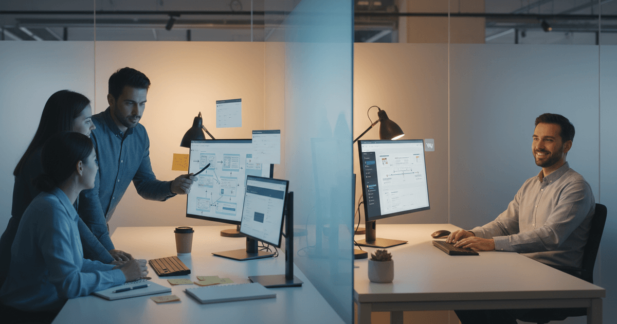 four-person content team collaborating with AI tools illustrating Writesonic vs Wyrote AI content generation workflow differences