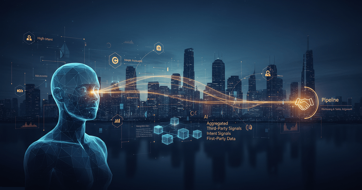 abstract digital interface illustrating AI marketing tools analyzing account data and predictive scoring for ABM campaigns