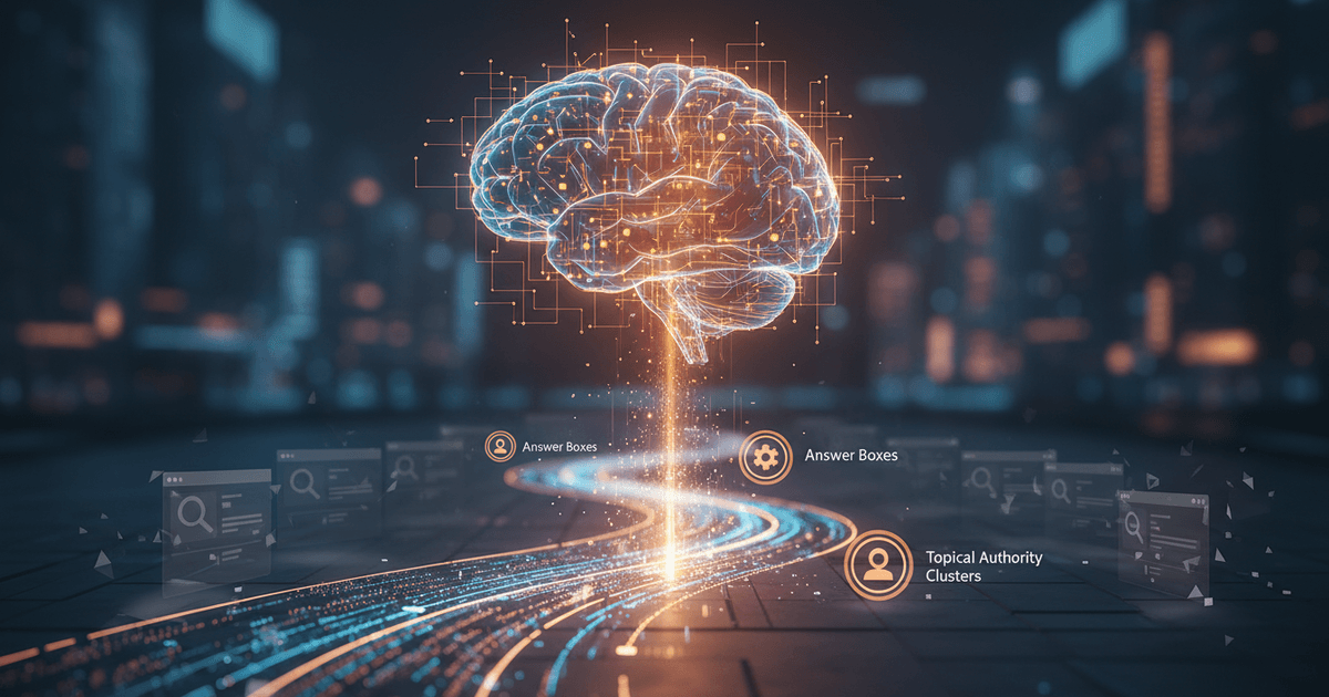 futuristic digital interface displaying AI-driven SEO analytics and search engine data trends