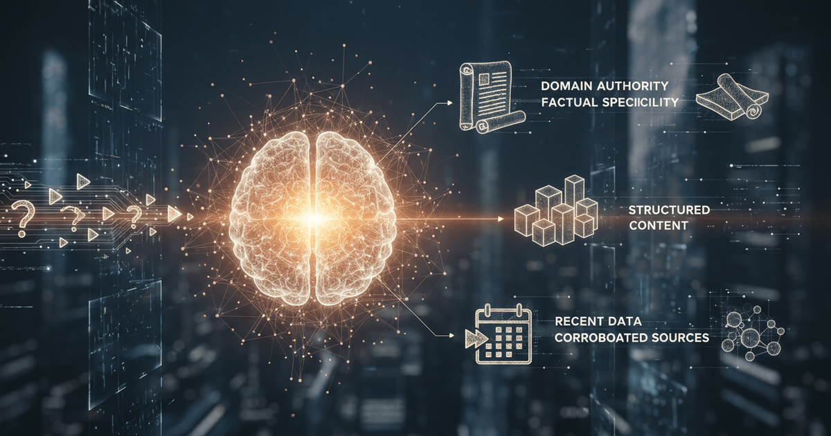 Abstract digital interface showing AI search optimization analyzing data sources with scores and citations