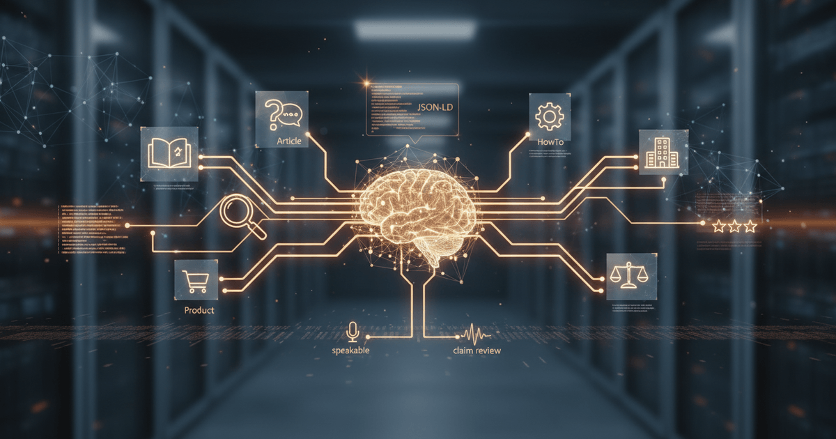AI search optimization concept showing interconnected schema markup icons like Article, FAQPage, HowTo, and Product